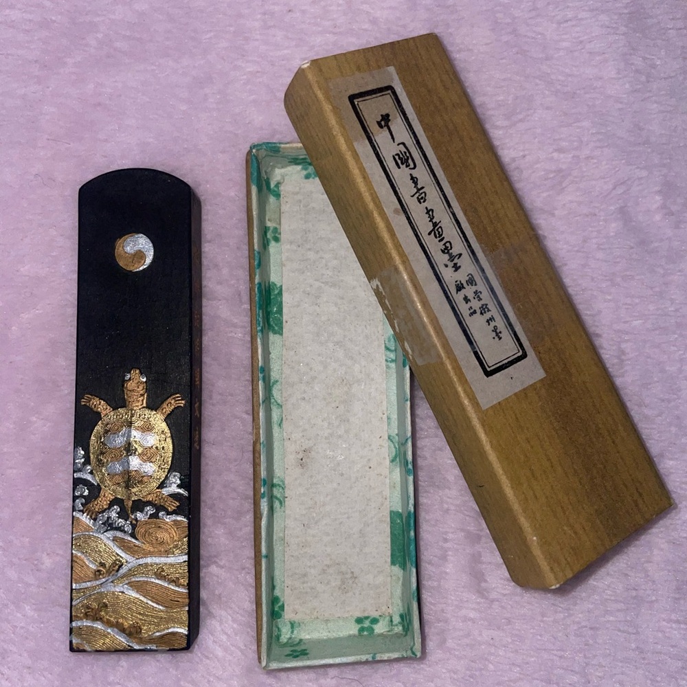 Vintage Black Calligraphy Ink Stick Turtle and Waves